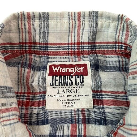 Wrangler Western Shirt Mens Size Large Red Blue Plaid Pearl Snaps Cowboy Rancher - Picture 2 of 5